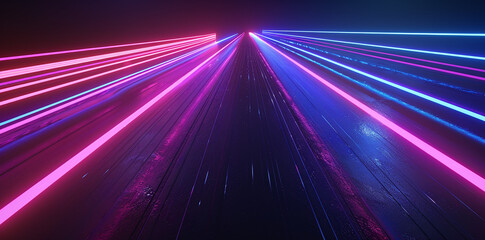 Bright neon light trails in pink and blue stretch into the distance on a wet road surface, creating a futuristic visual effect.
