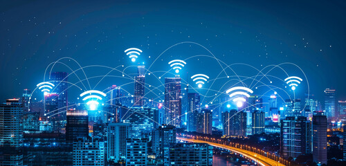 Modern city with wireless network connection and city scape concept.Wireless network and Connection technology - obrazy, fototapety, plakaty