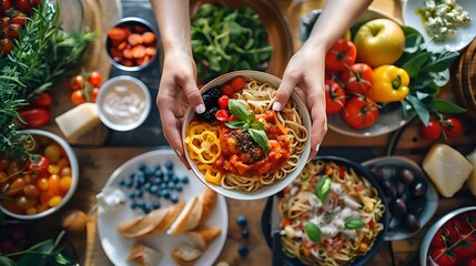 Top view of a colorful home-cooked meal on a wooden table. Healthy eating, Mediterranean cuisine, inviting and fresh. Casual dining setting perfect for food blogs. AI