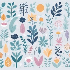 A collection of seamless pattern, colorful abstract plants and flowers. Hand drawn Collection of leaves and flowers. A close up of a pattern of flowers and leaves.
