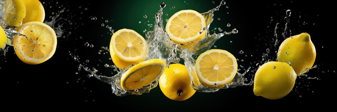 Fresh juicy lemon in splashes of water on a black background