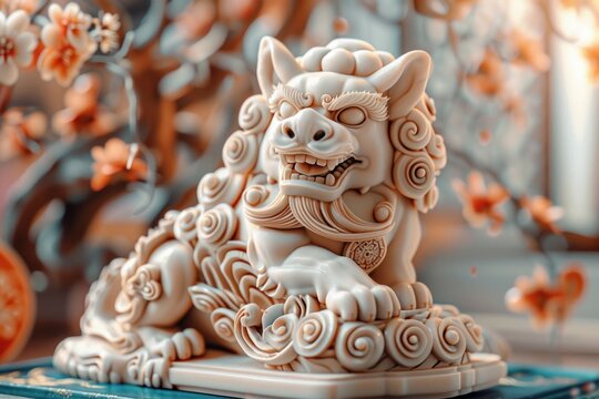 A white Chinese style dog statue sitting on a stand, decorated with intricate patterns.