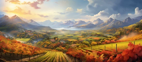 Fotobehang An art piece depicting a natural landscape with a valley, mountains in the background, grassland, trees, and a beautiful sky with clouds © AkuAku