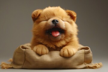 A small brown puppy is sitting on a tan pillow with its tongue out and a smile on its face.