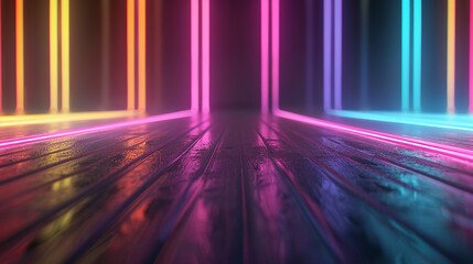 A perspective view of a corridor with vertical neon lights reflecting on a glossy floor, creating a deep and atmospheric scene - obrazy, fototapety, plakaty