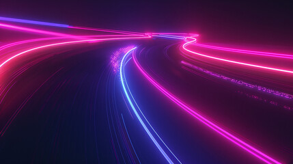 Fototapeta na wymiar Neon Light Streams on Curved Virtual Pathway 