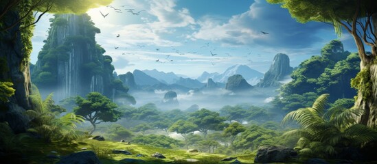 A natural landscape painting depicting a lush green forest with mountains in the background under a clear blue sky with fluffy cumulus clouds