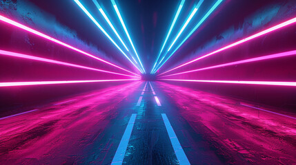 A cyberpunk - inspired tunnel bathed in vibrant neon pink and blue lights, creating a mesmerizing vanishing point perspective.
