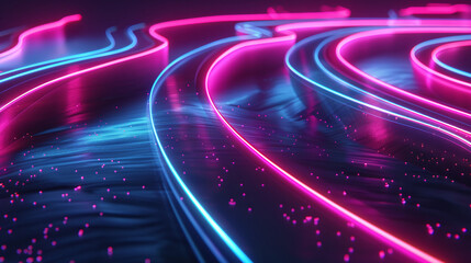 Curving trails of neon light, peppered with glowing particles, create a hypnotic dance on a dark, reflective surface