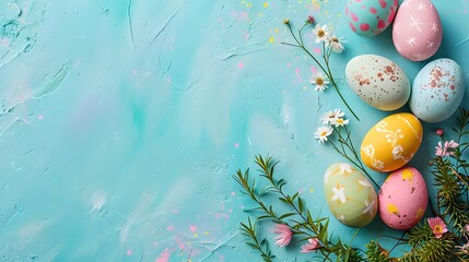 Colorful Easter eggs arranged on a pastel blue background with spring flowers. Festive holiday decorations for Easter, simple and elegant style. Celebratory background for spring events. AI