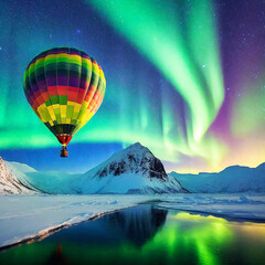 a hot air balloon passing through the Northern Aurora landscape