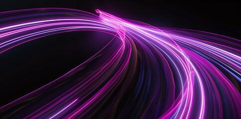 Swirls of luminous neon light in shades of pink and purple evoke a sense of speed and fluidity, set against a dark backdrop