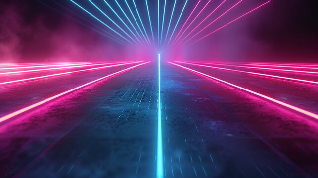 An intense corridor of neon light, with bold pink and blue hues converging in the distance, creates a powerful vanishing point