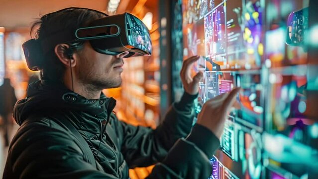 man wearing a virtual reality headset and interacting with colourful digital internet windows, emerging technology concept Generative AI 