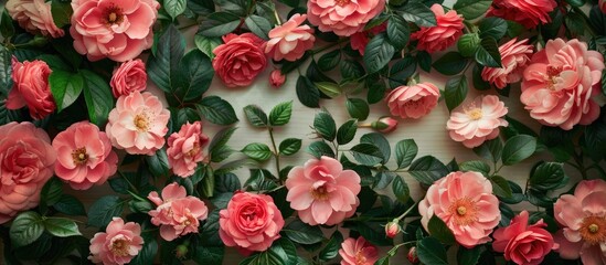 Obraz premium Arrangement of flowers in a frame, consisting of pink flowers and leaves, captured from a top-down perspective.