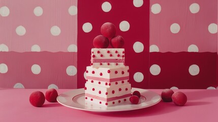  a white and red cake sitting on top of a white plate next to a red and white polka dot wall.
