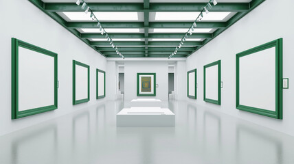 An expansive white art gallery displaying empty blank mock-up posters in rich, forest green frames. The deep green frames add a touch of nature's serenity to the gallery,