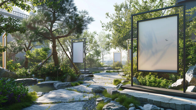 An avant-garde gallery's outdoor extension, where empty frame mockups are integrated into a serene garden setting.