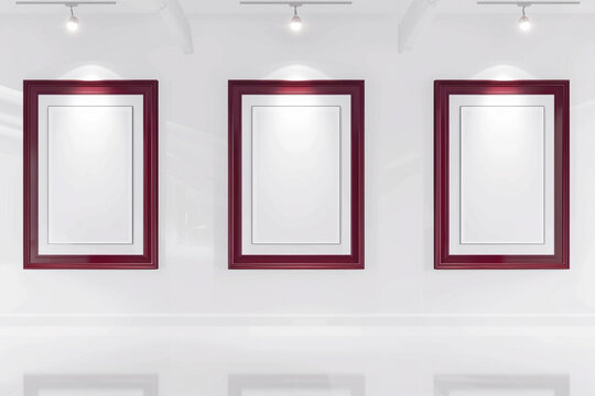 An elegant white art gallery showcasing empty blank mock-up posters within rich burgundy frames. The deep red frames add a touch of sophistication to the gallery, 