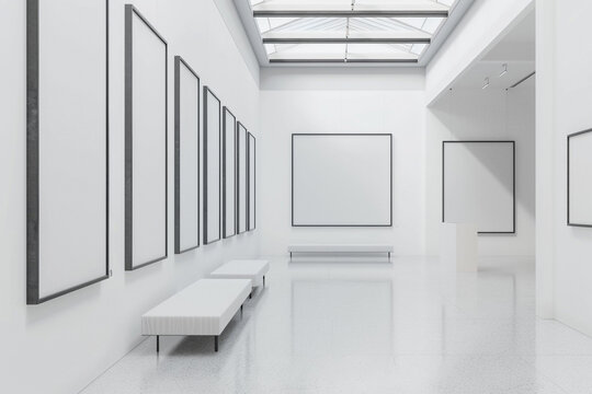 An expansive white art gallery featuring empty blank mock-up posters in thin, charcoal grey frames. The neutrality of the frames complements the white walls, 
