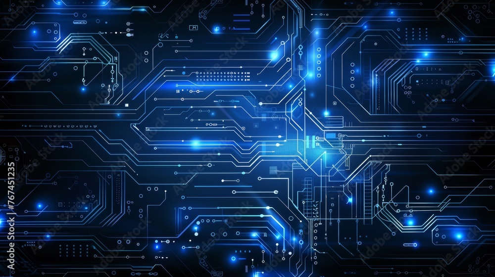 Poster abstract circuitry technology of electronic computer hardware on a background of circuit board