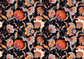 Fantasy flowers in retro, vintage, jacobean embroidery style. Seamless pattern, background. Vector illustration. - obrazy, fototapety, plakaty