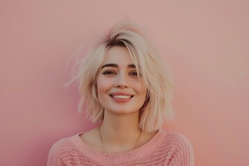 Portrait of a young woman with blonde hair smiling against a pastel background, ideal for a hair care product ad. Concept Beauty Photography, Hair Care Product, Young Woman, Smiling