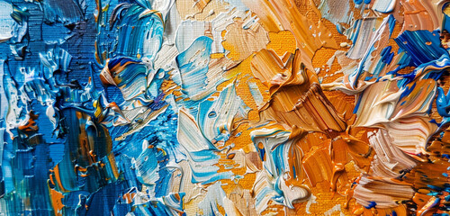 : A close-up image showcasing the rich texture of a palette painting, heavily applied with amber and sky blue textile elements in an abstract design.