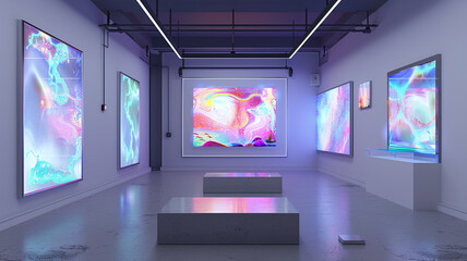 A futuristic avant-garde gallery where empty frame mockups are enhanced with augmented reality, projecting digital art that can only be seen through special glasses provided at the entrance. - obrazy, fototapety, plakaty