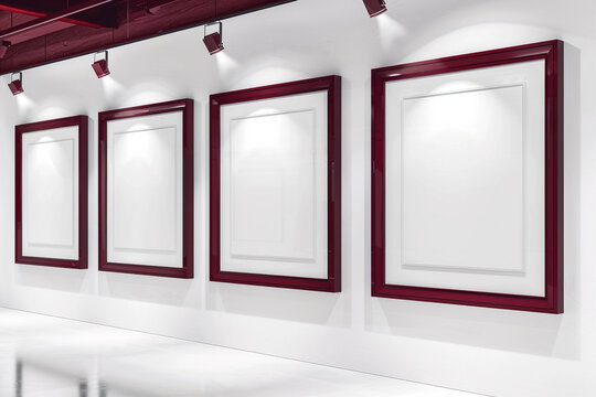A contemporary white art gallery showcasing empty blank mock-up posters within frames of a sophisticated burgundy. 