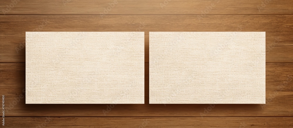 Canvas Prints two white squares rest on a brown hardwood table, showcasing a beautiful wood grain pattern. the flo