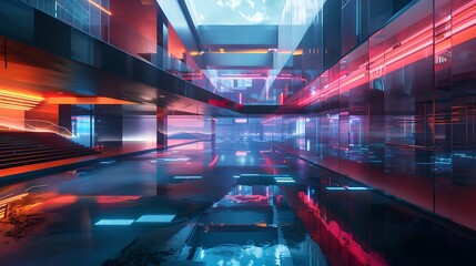 Futuristic Corridor Illuminated by Neon Lights, Sci-Fi Tunnel with a Modern and Sleek Design. Perfect for Tech and Gaming Backgrounds. AI