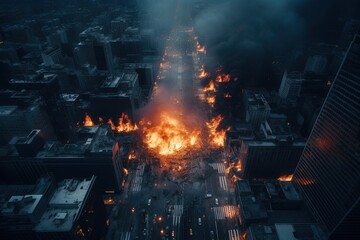 Detonation of bomb. The city is on fire. Night scene. The city is being destroyed. Concept of nuclear war, natural disaster, fire