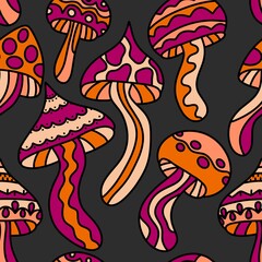 Cartoon autumn harvest seamless neon Halloween mushrooms with skulls pattern for wrapping paper and fabrics