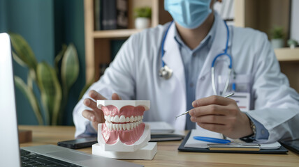 Obraz na płótnie Canvas a doctor holding in hand a teeth model, teeth health and smile design concept