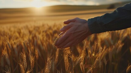 An agronomist inspecting wheat crops in a vast field, holding golden grain in their hand - obrazy, fototapety, plakaty