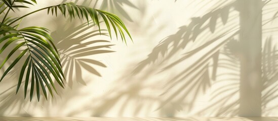 Fototapeta na wymiar Shadows of palm leaves cast on a white wall and cream-colored floor make an abstract background for a summery mock-up.