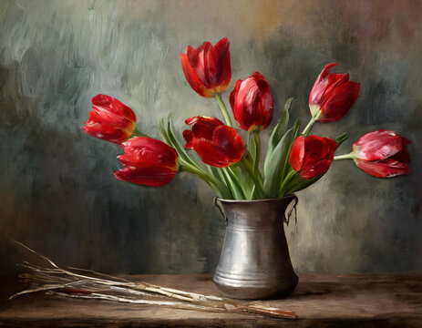 Oil painting of a Bouquet of red tulips in vase on wooden table