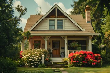 Fototapeta na wymiar A delightful craftsman-style house facade in creamy vanilla tones, framed by a blooming garden.