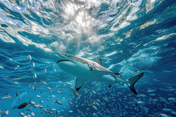 Obraz premium Menacing beauty: underwater world with the shark predator, a captivating glimpse into the fierce, powerful, and mysterious realm of marine life, where danger and elegance coexist