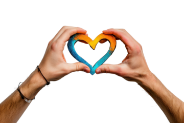 Hands gently cradling a heart-shaped piece of wood, painted in vibrant hues of blue and orange.