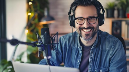 Fototapeta na wymiar Smiling Man Podcasting with Microphone and Headphones. Casual Home Recording Studio. Content Creator Lifestyle. Engaging Radio Host Portrait. AI
