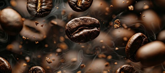 Levitating roasted coffee beans on black background  dynamic movement of flying coffee beans