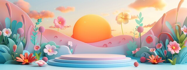 Summer podium background 3D product display beach cosmetic scene sale. Background summer podium sea stand stage beauty sky platform shop water placement theme ad template mockup travel blue banner.