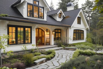 A charming craftsman house painted in a gentle ivory shade, complemented by a cozy stone pathway leading to the entrance.