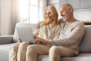 Senior couple smiling with laptop on the sofa