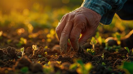 A farmer's hands carefully planting seeds in rich soil, captured against a vibrant green field
