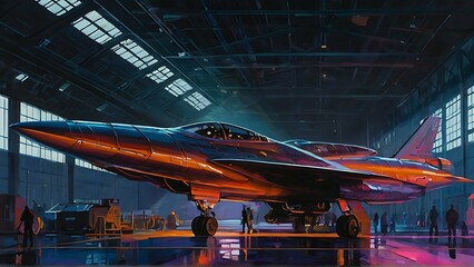 Fototapeta na wymiar A bustling starship hangar, ablaze with vibrant neon lights and reflective chrome surfaces, exudes an atmosphere of futuristic elegance. At the center, a sleek and imposing starship with sleek lines a