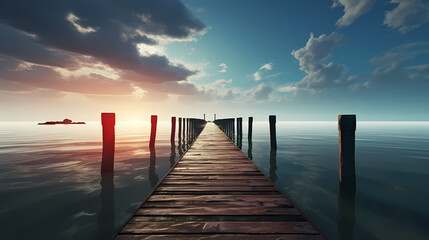 Obraz premium Mid shot of minimalist pier extending into lake