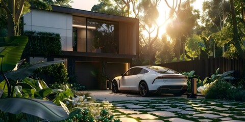 Electric car charging at home using solar power showcasing sustainable and economic transportation with AI technology. Concept Sustainable Technology, Solar-Powered Charging, Electric Vehicles - obrazy, fototapety, plakaty